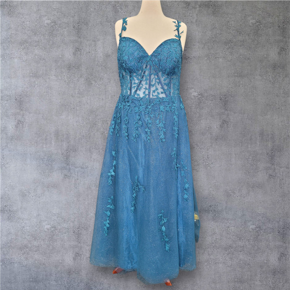 TWIRL Evening Gowns & Bridal Dresses & Skirts - NWT Vine Dress with Semi-Sheer Bodice Corset Back Tulle Skirt Teal Sparkle